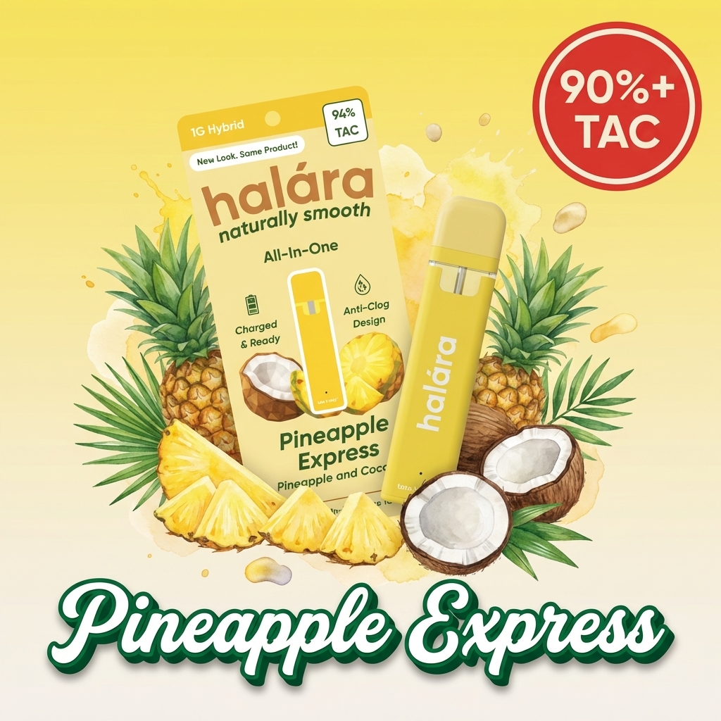 Halara Pineapple Express all-in-one vape, a 94% TAC hybrid with anti-clog design, shown with watercolor pineapple and coconut.